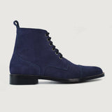 Midnight Blue Goatskin Suede Leather Boots - Goodyear Welt Construction & Front Toe Box Detail