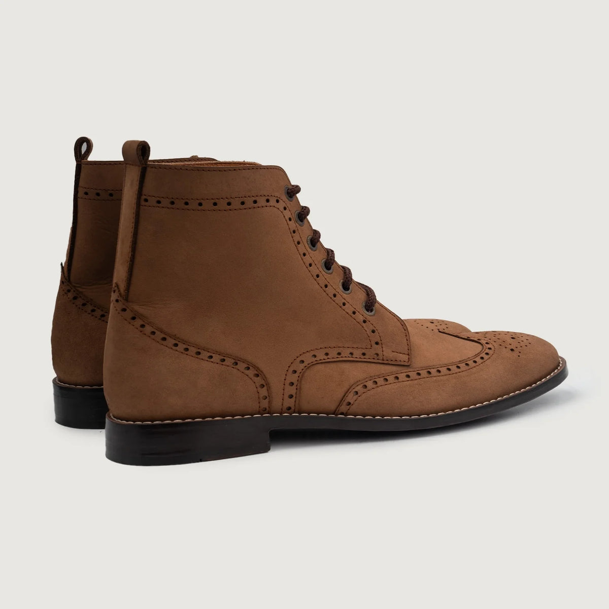 Duster Brogues Derby Brown Nubuck Leather Boots For Men - Lateral Side Profile View Showing Sleeve Cut & Athletic Taper Fit