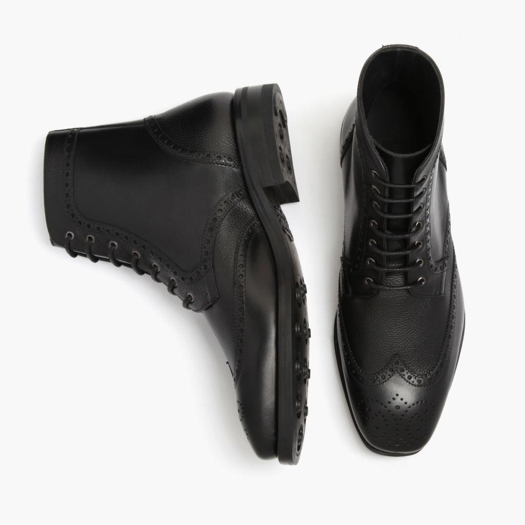 Wingtip Black Leather Boots For Men - Reinforced Heel Counter & Precision Double-Row Stitching Detail