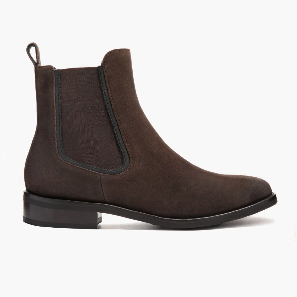 Duchess Dark Brown Suede Leather Boots in Dark Brown Goatskin Suede - Lateral Side Profile View | Buy Online