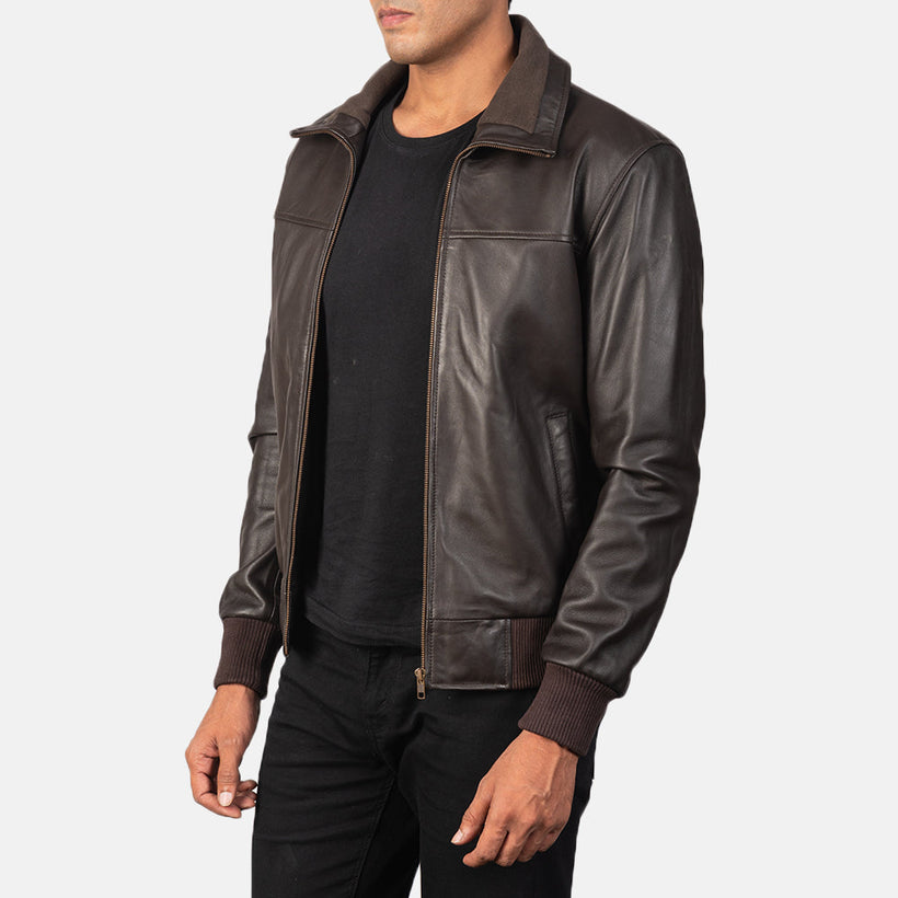 Dark Brown Sheepskin Leather Bomber Jacket - Back View Showing Tailored Shoulder Fit & Clean Hemline