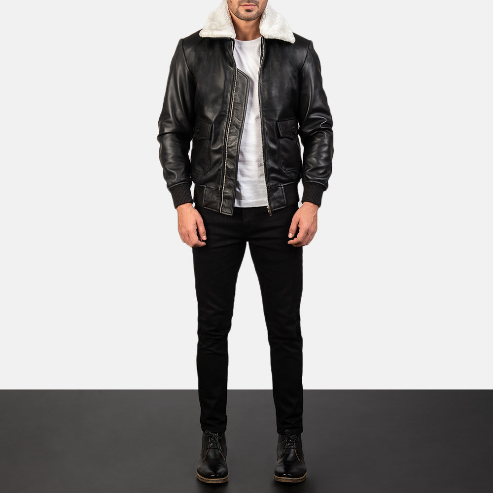 
Men's Airin G-1 Black & White Leather Bomber Jacket - Lateral Side Profile View Showing Sleeve Cut & Athletic Taper Fit