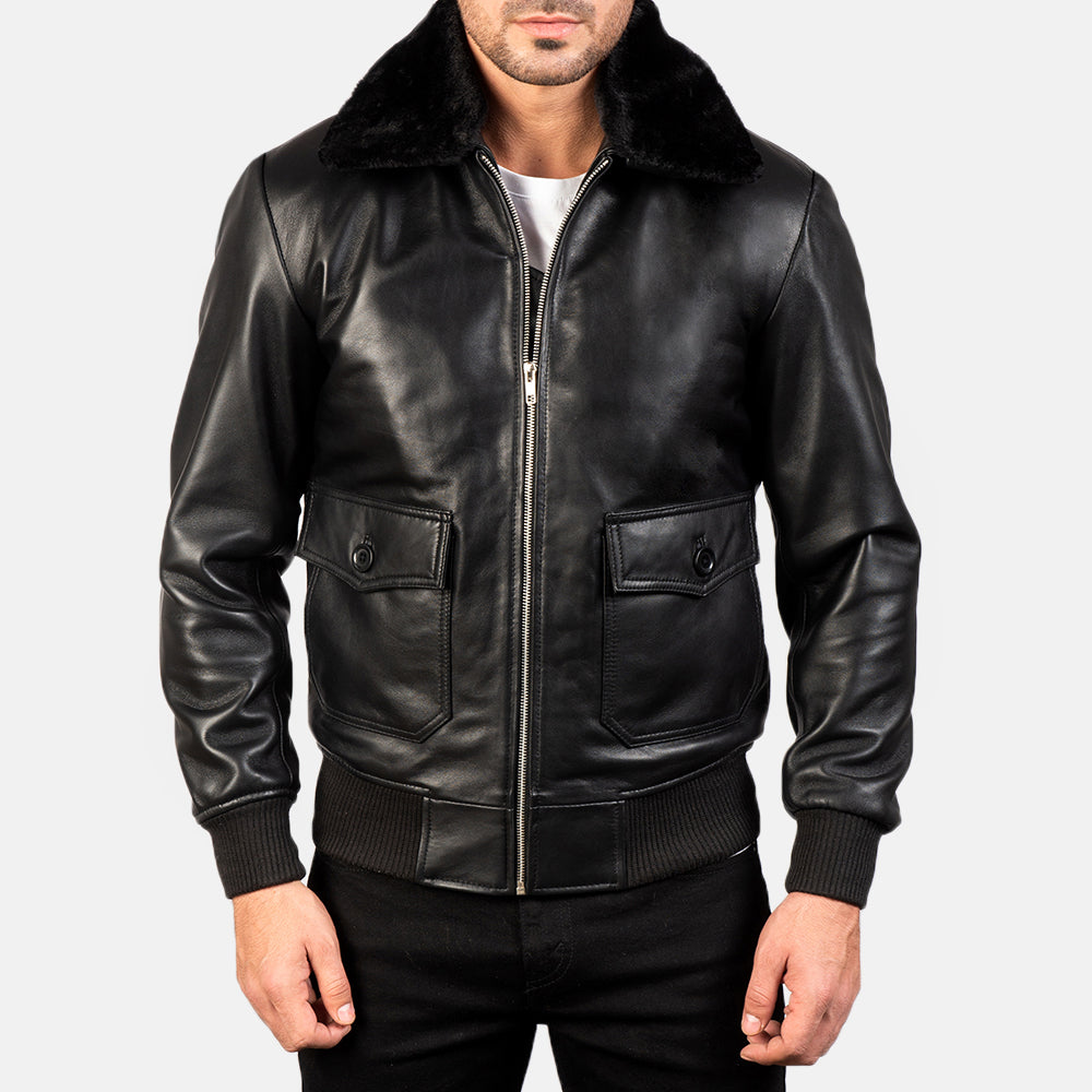 
Close-Up Detail of Shirt with Removable Fur & Zipper Hardware on Men's Airin G-1 Black Leather Bomber Jacket