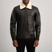 
Close-Up Detail of Shirt with Removable Fur & Zipper Hardware on Airin G-1 Brown & Cream Leather Bomber Jacket