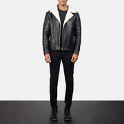 Close-Up Detail of Notch &amp; Zipper Hardware on Men's Alberto White Shearling Black Leather Jacket