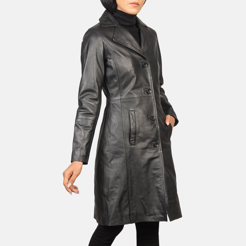 Close-Up Detail of Notch &amp; Buttons Hardware on Women's Alexis Black Single Breasted Leather Coat