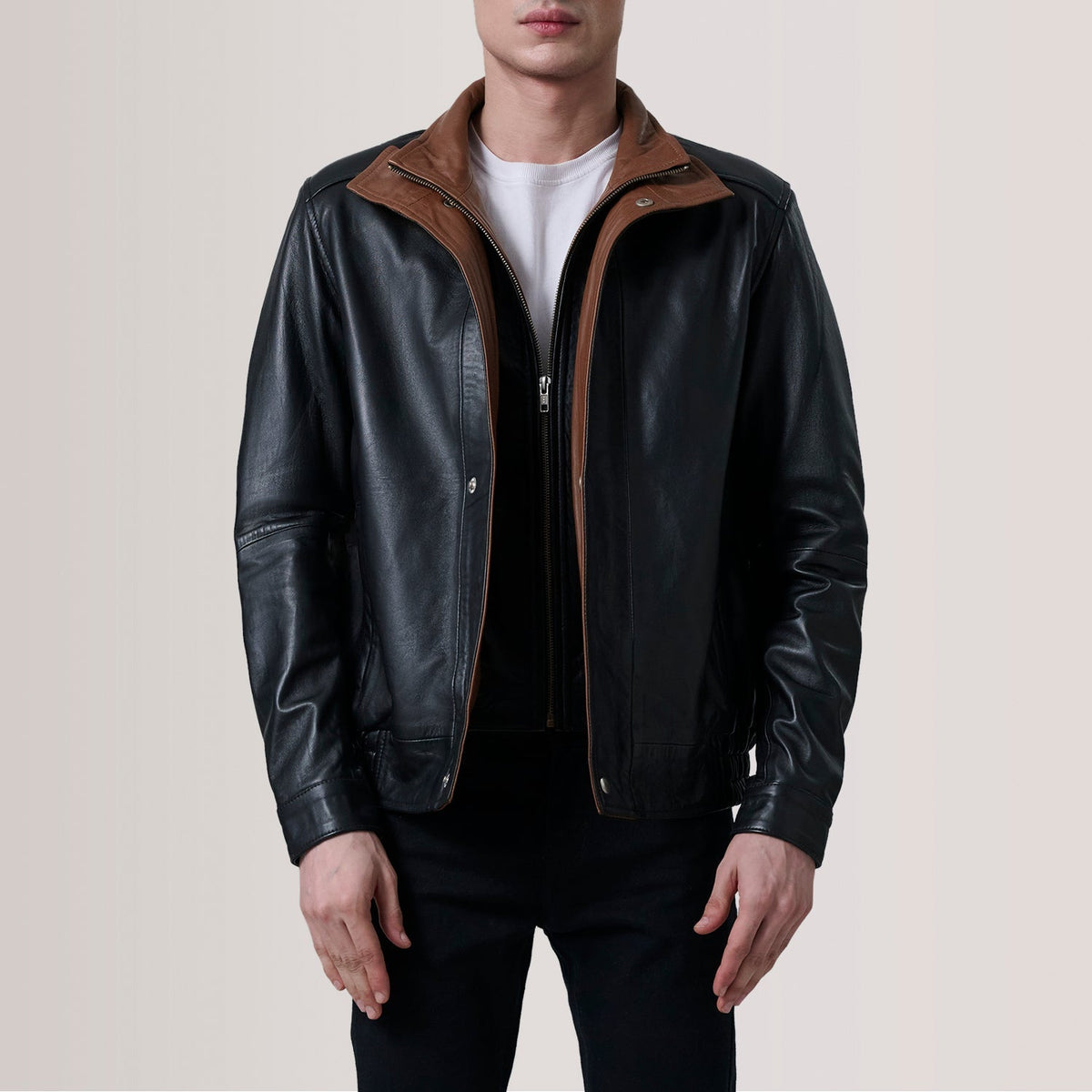 Alfred Brown Leather Bomber Jacket For Men in Brown Sheepskin Leather - Front Profile View &amp; Tailored Silhouette | Buy Online
