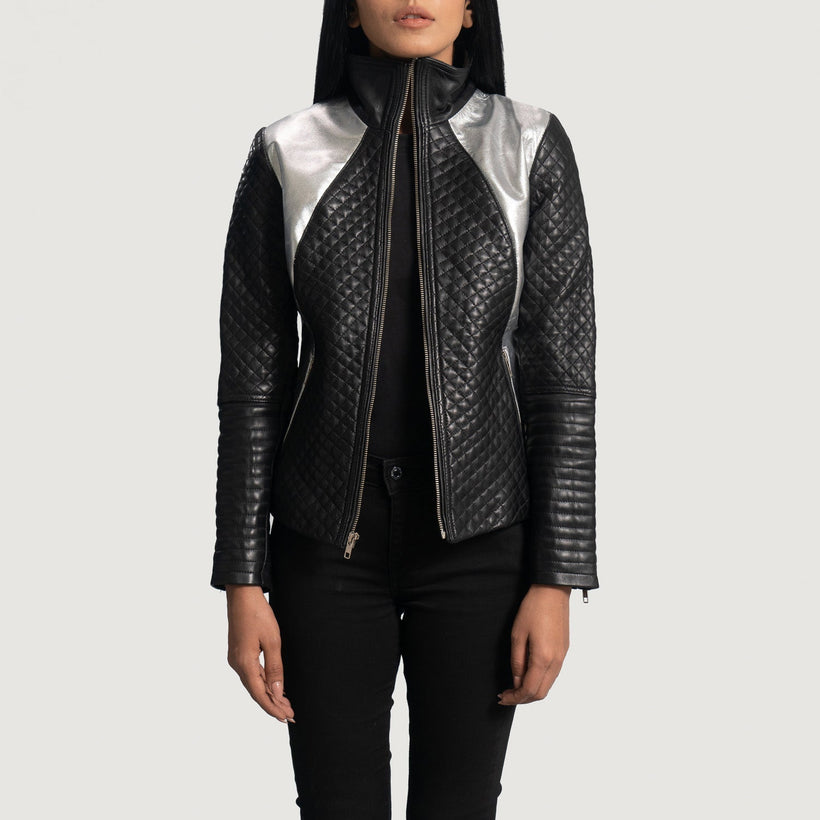 Women's Alia Metallic Black Leather Biker Jacket in Black Sheepskin Leather - Front Profile View & Tailored Silhouette | Buy Online
