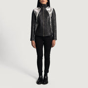 
Close-Up Detail of High Neck & Zipper Hardware on Women's Alia Metallic Black Leather Biker Jacket