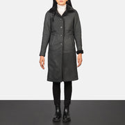 Women's Alina Shearling Black Leather Coat - Lateral Side Profile View Showing Sleeve Cut &amp; Athletic Taper Fit