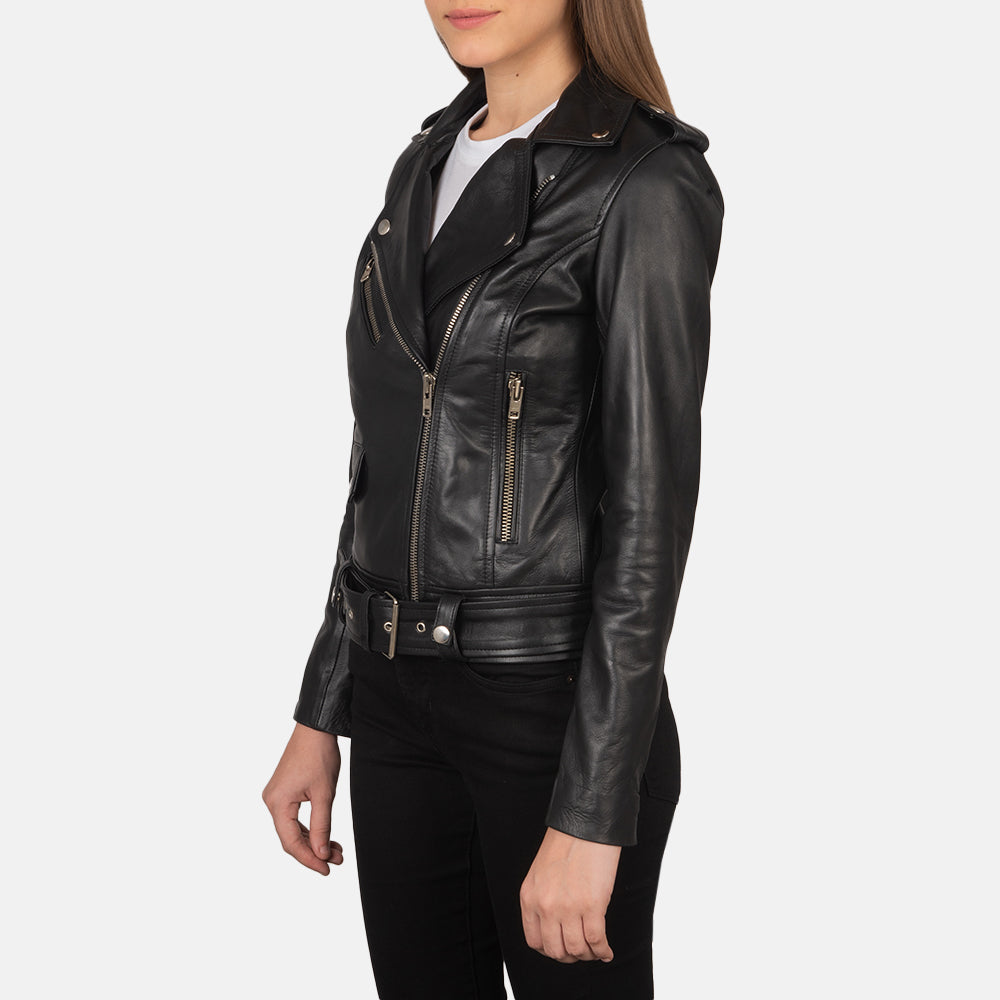 Close-Up Detail of Notch &amp; Zipper Hardware on Women's Alison Black Leather Biker Jacket