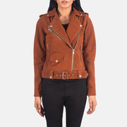 Women's Alison Brown Suede Biker Jacket in Brown Goatskin Suede - Front Profile View &amp; Tailored Silhouette | Buy Online