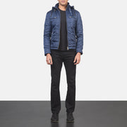 
Close-Up Detail of High neck with Belt & Zipper Hardware on Men's Alps Quilted Blue Windbreaker Jacket