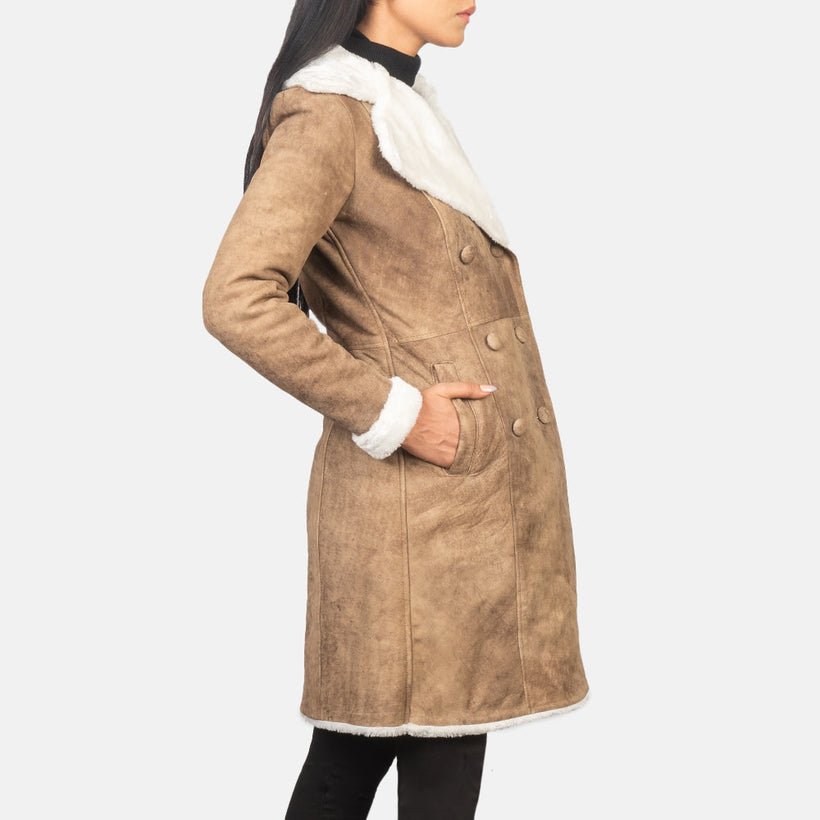 Amie Distressed Brown Double-Breasted Shearling Coat