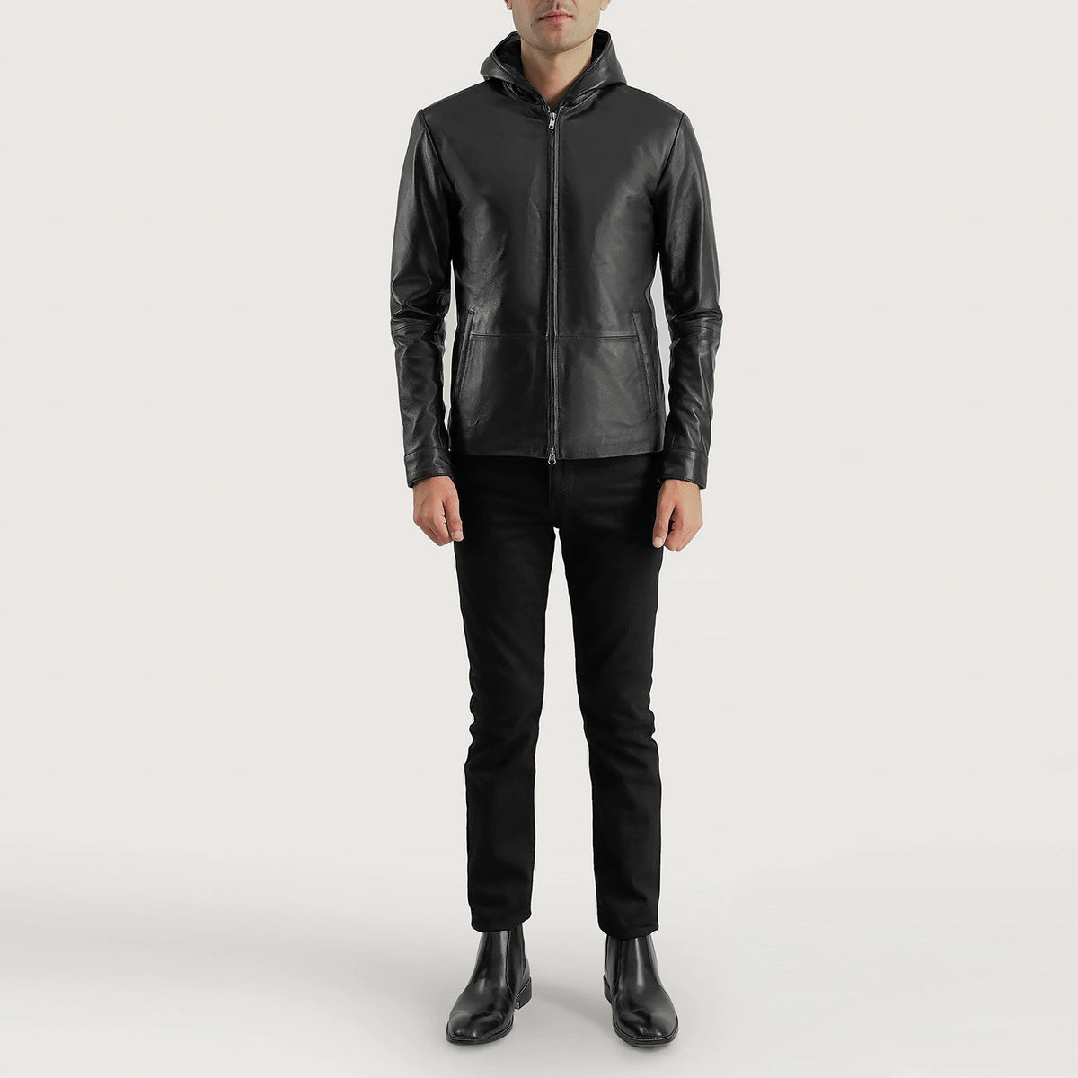 Close-Up Detail of Hooded &amp; Zipper Hardware on Men's Andy Matte Black Hooded Leather Jacket