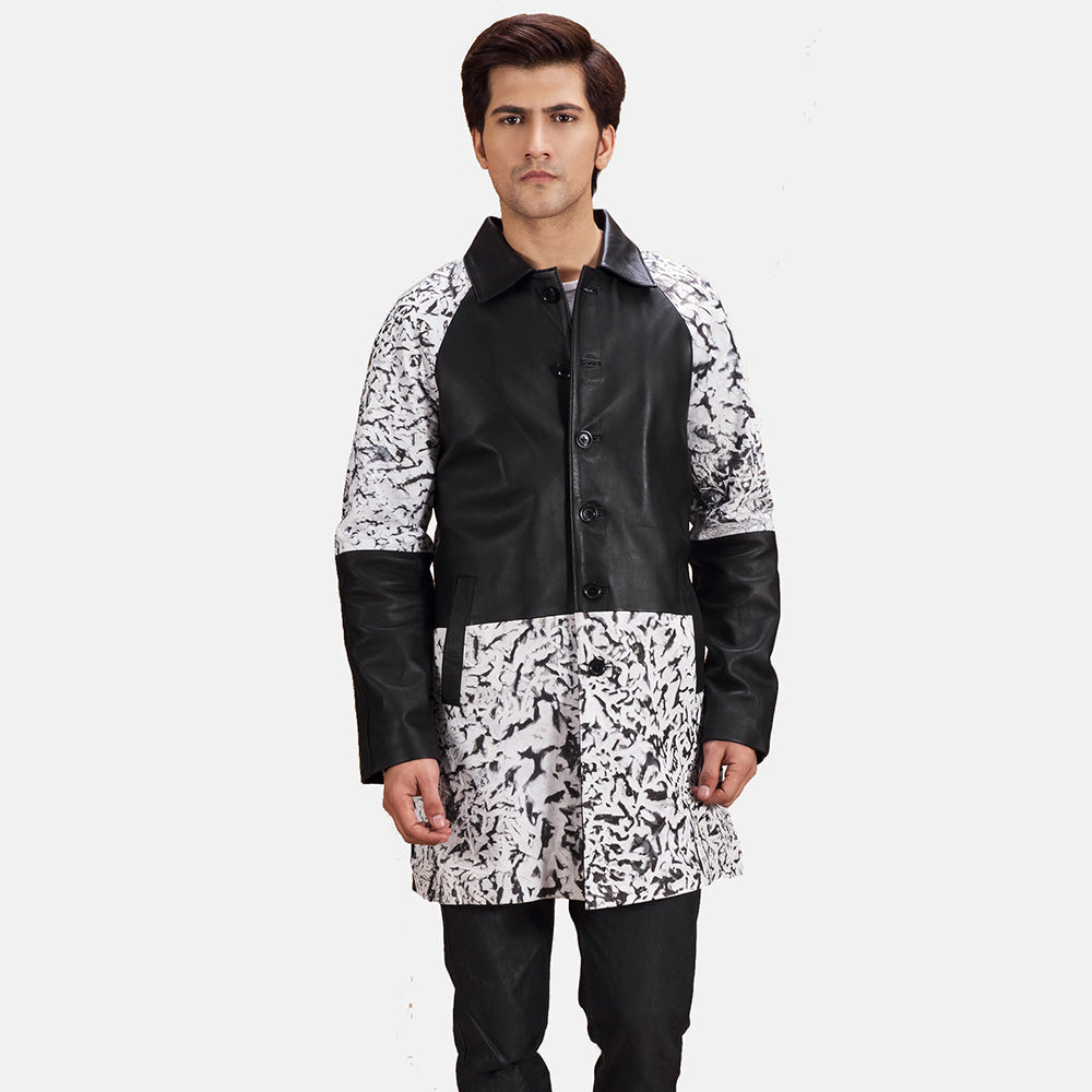 Men's Artistry Black Dye Leather Coat in Black &amp; White Sheepskin Dip &amp;Amp; Dye - Front Profile View &amp; Tailored Silhouette | Buy Online