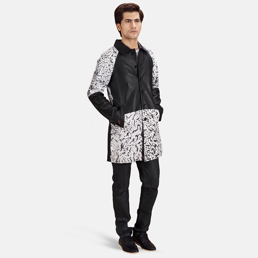 Men's Artistry Black Dye Leather Coat - Lateral Side Profile View Showing Sleeve Cut &amp; Athletic Taper Fit