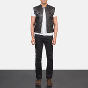
Men's Atlas Moto Brown Leather Vest - Lateral Side Profile View Showing Sleeve Cut & Athletic Taper Fit