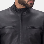 Close-Up Detail of High neck &amp; Zipper Hardware on Austere Matte Black Leather Biker Jacket