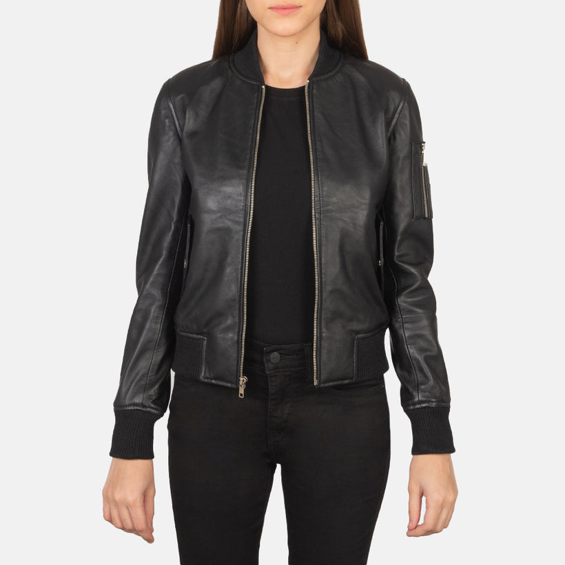 Ava MA-1 Black Leather Bomber Jacket