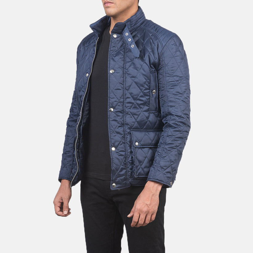 Blue Nylon Winter Jacket - Back View Showing Tailored Shoulder Fit & Clean Hemline