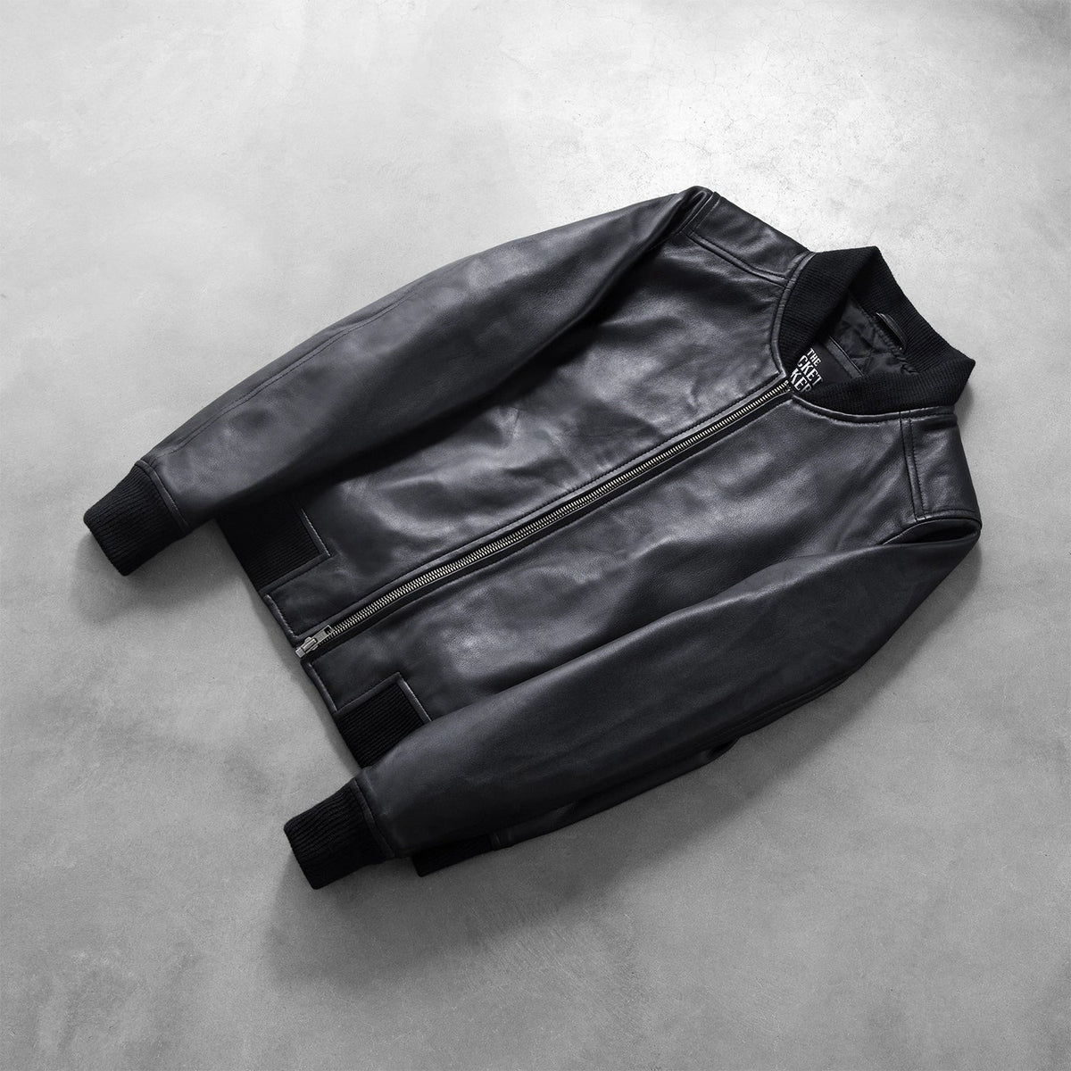 Rib Knit &amp; Hem Craftsmanship Construction Detail on Women's Bliss Black Leather Bomber Jacket