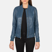 Women's Bliss Blue Leather Bomber Jacket in Blue Sheepskin Leather - Front Profile View &amp; Tailored Silhouette | Buy Online