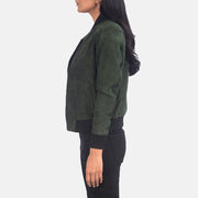
Green Goatskin Suede Bomber Jacket - Back View Showing Tailored Shoulder Fit & Clean Hemline