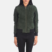 
Close-Up Detail of Varsity - Rib Knit & Zipper with Wind Flap Hardware on Women's Bliss Green Suede Bomber Jacket
