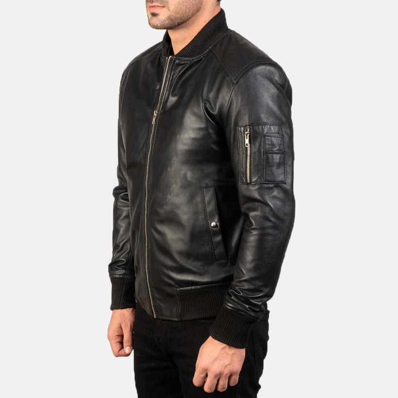 Black Sheepskin Leather Bomber Jacket - Back View Showing Tailored Shoulder Fit & Clean Hemline