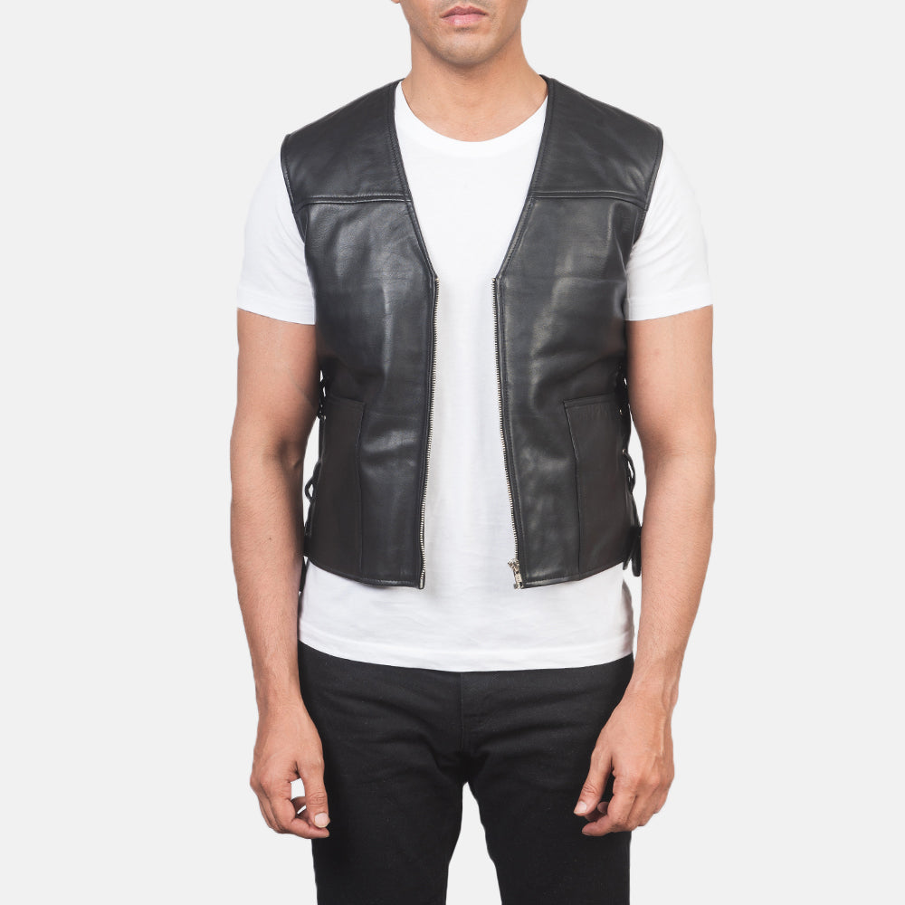 Men's Brandon Black Leather Vest in Black Sheepskin Leather - Front Profile View &amp; Tailored Silhouette | Buy Online