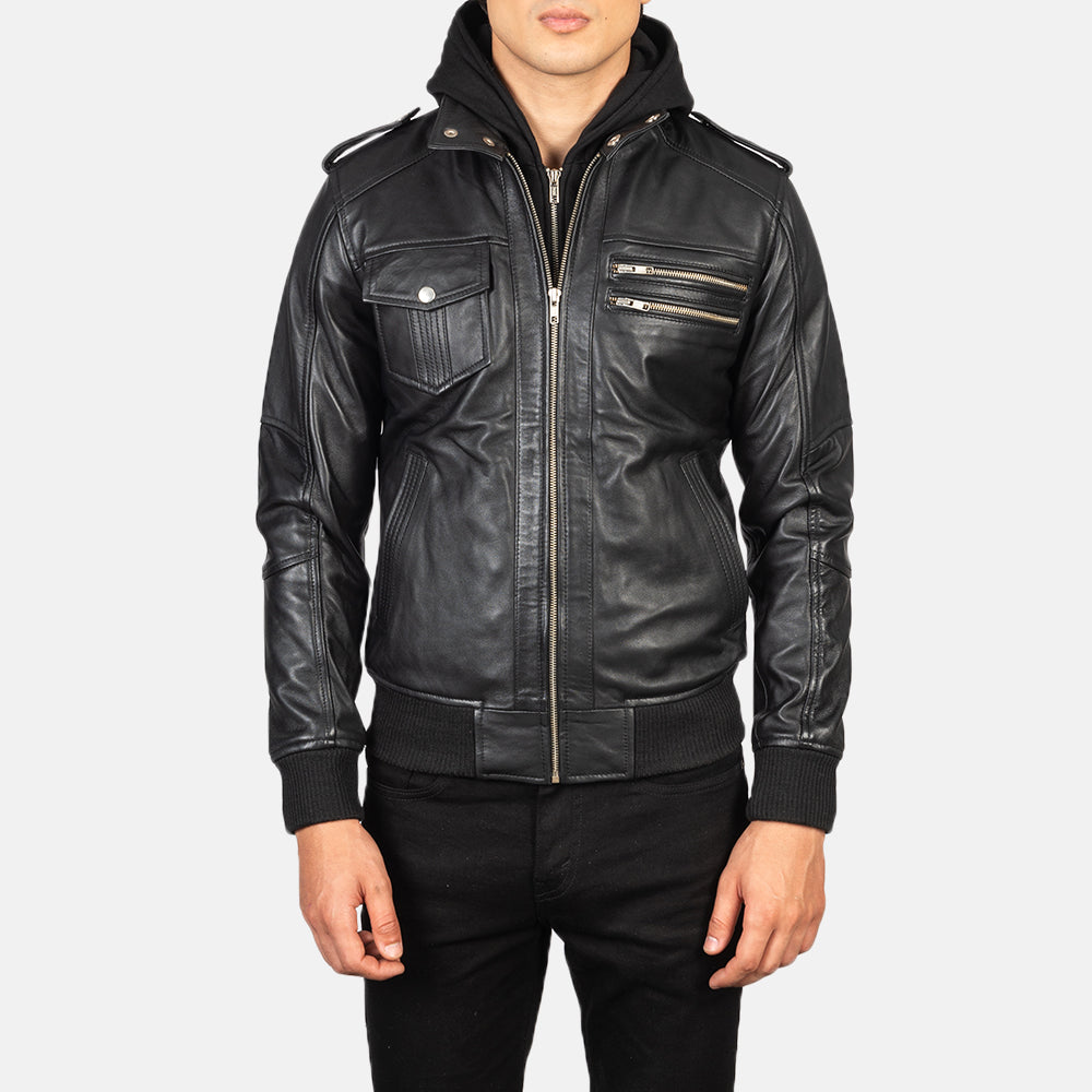 Close-Up Detail of High Neck &amp; Zipper Hardware on Men's Bravado Black Hooded Leather Bomber Jacket