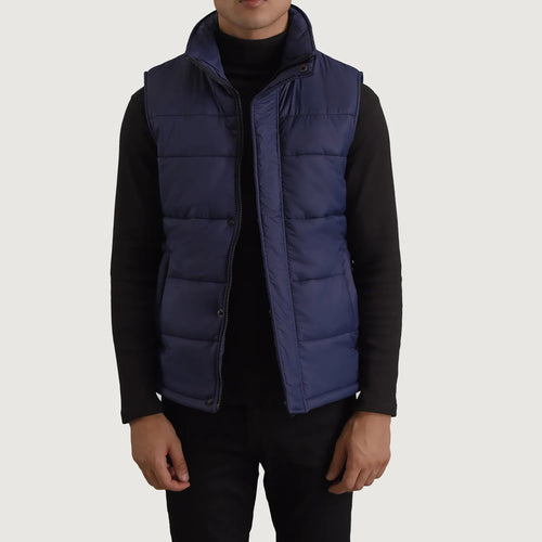 Bryan Blue Puffer Vest in Blue Full-Grain Leather - Front Profile View & Tailored Silhouette | Buy Online