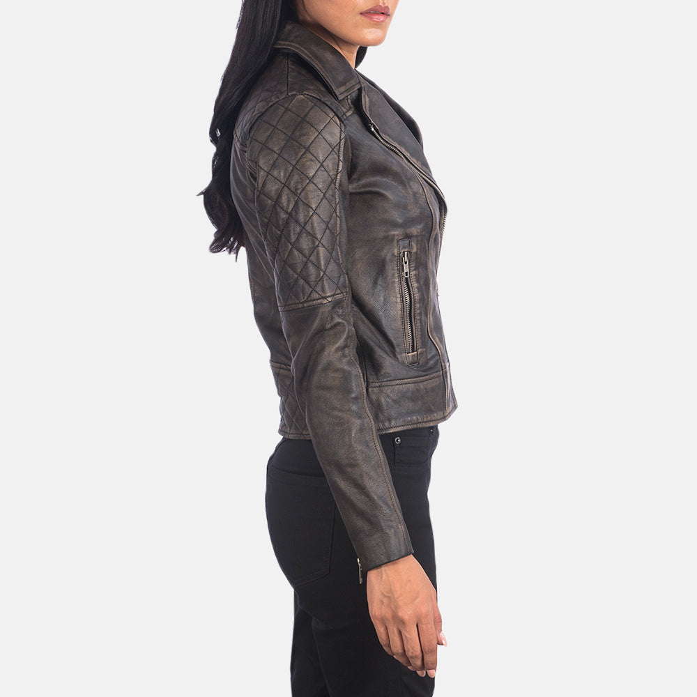 
Distressed Brown Goatskin Leather Biker Jacket - Back View Showing Tailored Shoulder Fit & Clean Hemline