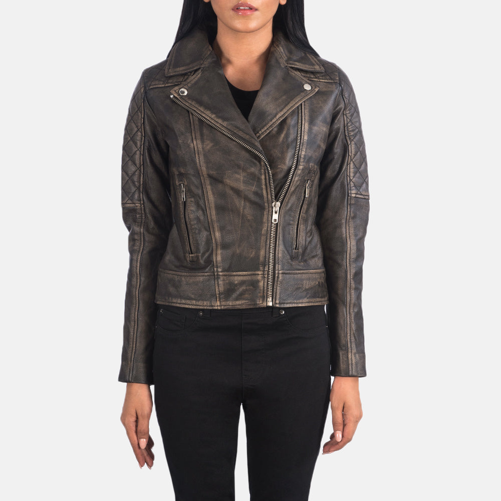 
Close-Up Detail of Notch & Zipper Hardware on Women's Carolyn Quilted Distressed Brown Biker Jacket