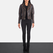 
Women's Carolyn Quilted Vintage Brown Biker Jacket - Lateral Side Profile View Showing Sleeve Cut & Athletic Taper Fit