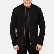 Men's Charcoal Black Suede Biker Jacket in Black Goatskin Suede - Front Profile View &amp; Tailored Silhouette | Buy Online