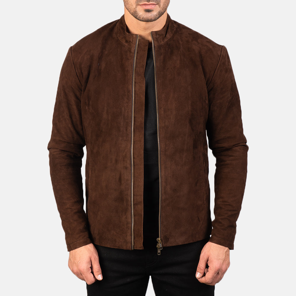 Men's Charcoal Mocha Suede Biker Jacket in Dark Brown Goatskin Suede - Front Profile View & Tailored Silhouette | Buy Online