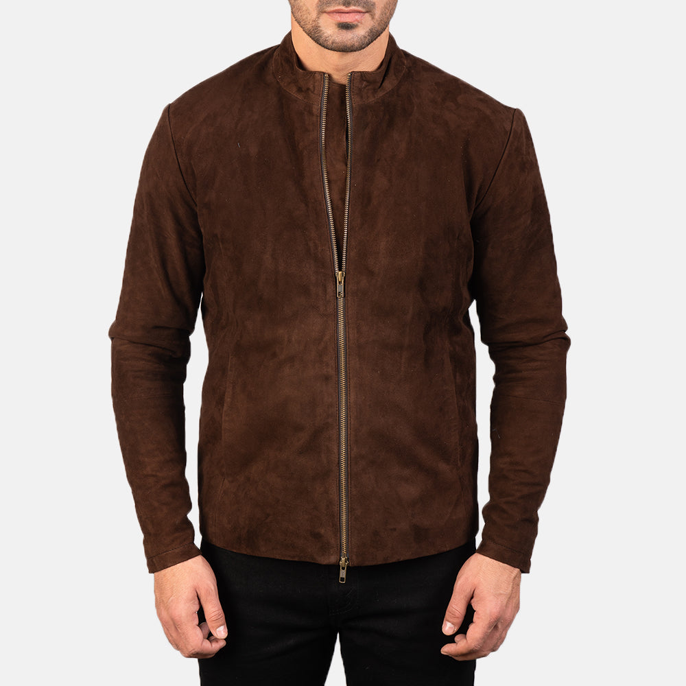 Close-Up Detail of Mandarin & Zipper with Dual Puller Hardware on Men's Charcoal Mocha Suede Biker Jacket