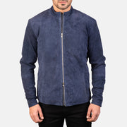 Close-Up Detail of Mandarin &amp; Zipper with Dual Puller Hardware on Men's Charcoal Navy Blue Suede Biker Jacket