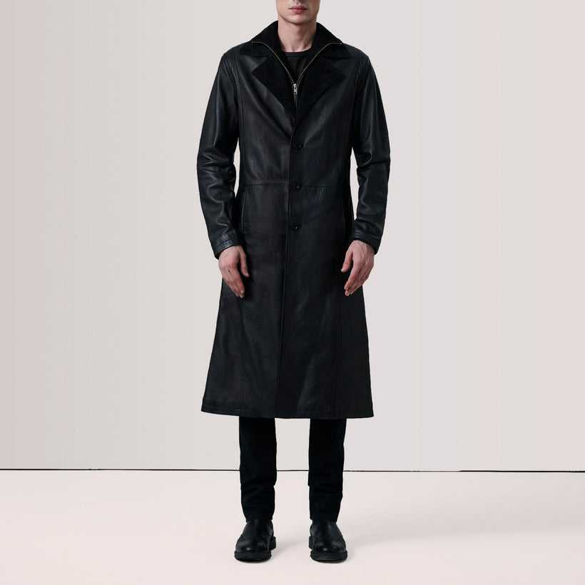 Charlton Black Leather Single Breasted Coat