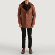 Men's Cinnamon Brown Leather Fur Coat - Lateral Side Profile View Showing Sleeve Cut &amp; Athletic Taper Fit