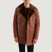 Close-Up Detail of Shirt &amp; Button Hardware on Men's Cinnamon Brown Leather Fur Coat