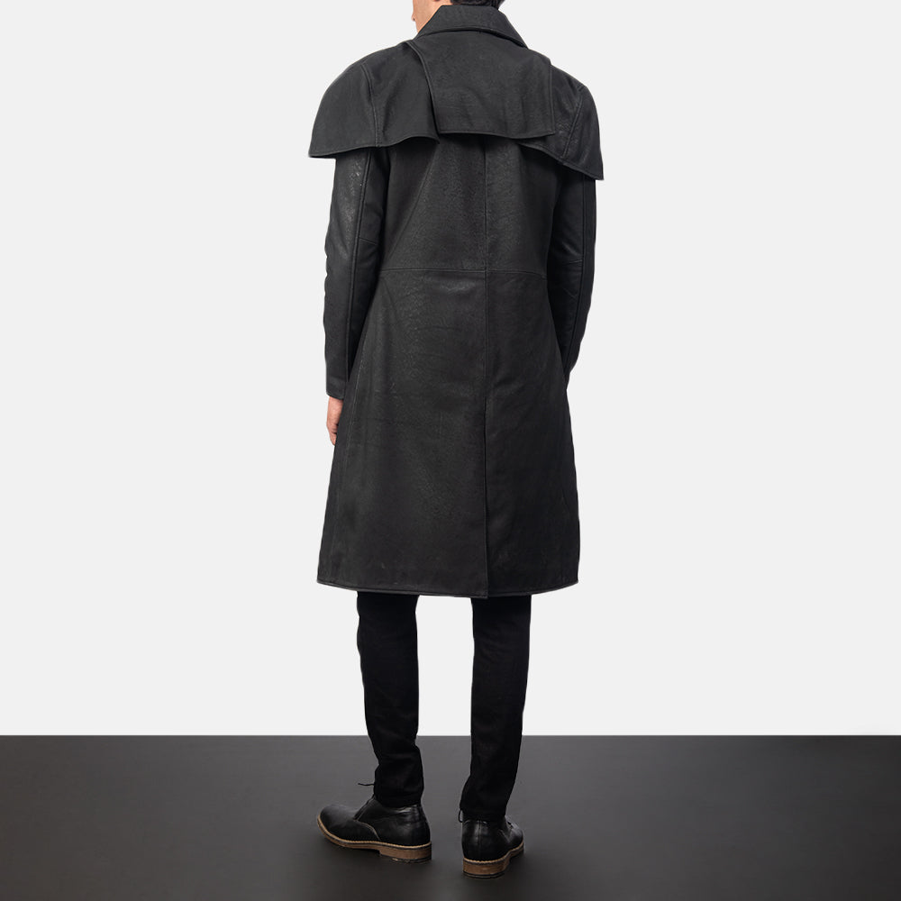 
Men's Classic Distressed Black Leather Duster - Lateral Side Profile View Showing Sleeve Cut & Athletic Taper Fit