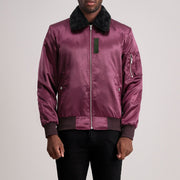 Clyde B-15 Maroon Bomber Jacket in Maroon Satin - Front Profile View &amp; Tailored Silhouette | Buy Online