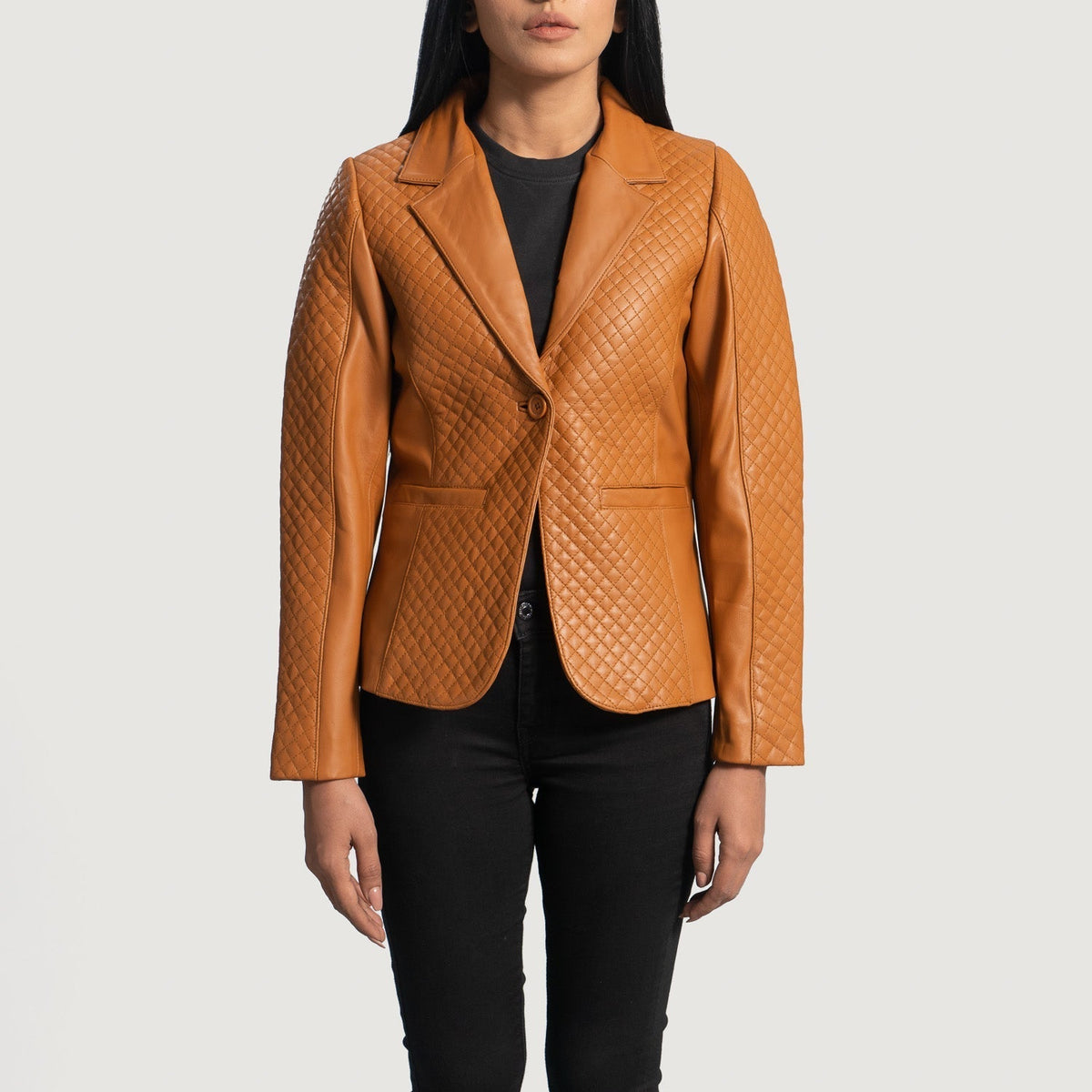 Women's Cora Quilted Brown Leather Blazer in Brown Sheepskin Leather - Front Profile View &amp; Tailored Silhouette | Buy Online