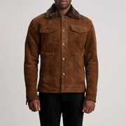 
Close-Up Detail of Classic Collar & Button Hardware on Dallis Brown Suede Shearling Trucker Jacket
