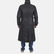 
Close-Up Detail of Classic Collar & Button & Waist belt Hardware on Men's Daniel Black Leather Trench Coat