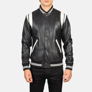 Close-Up Detail of Varsity &amp; Snap Buttons Hardware on Men's Dantee Black Leather Varsity Jacket
