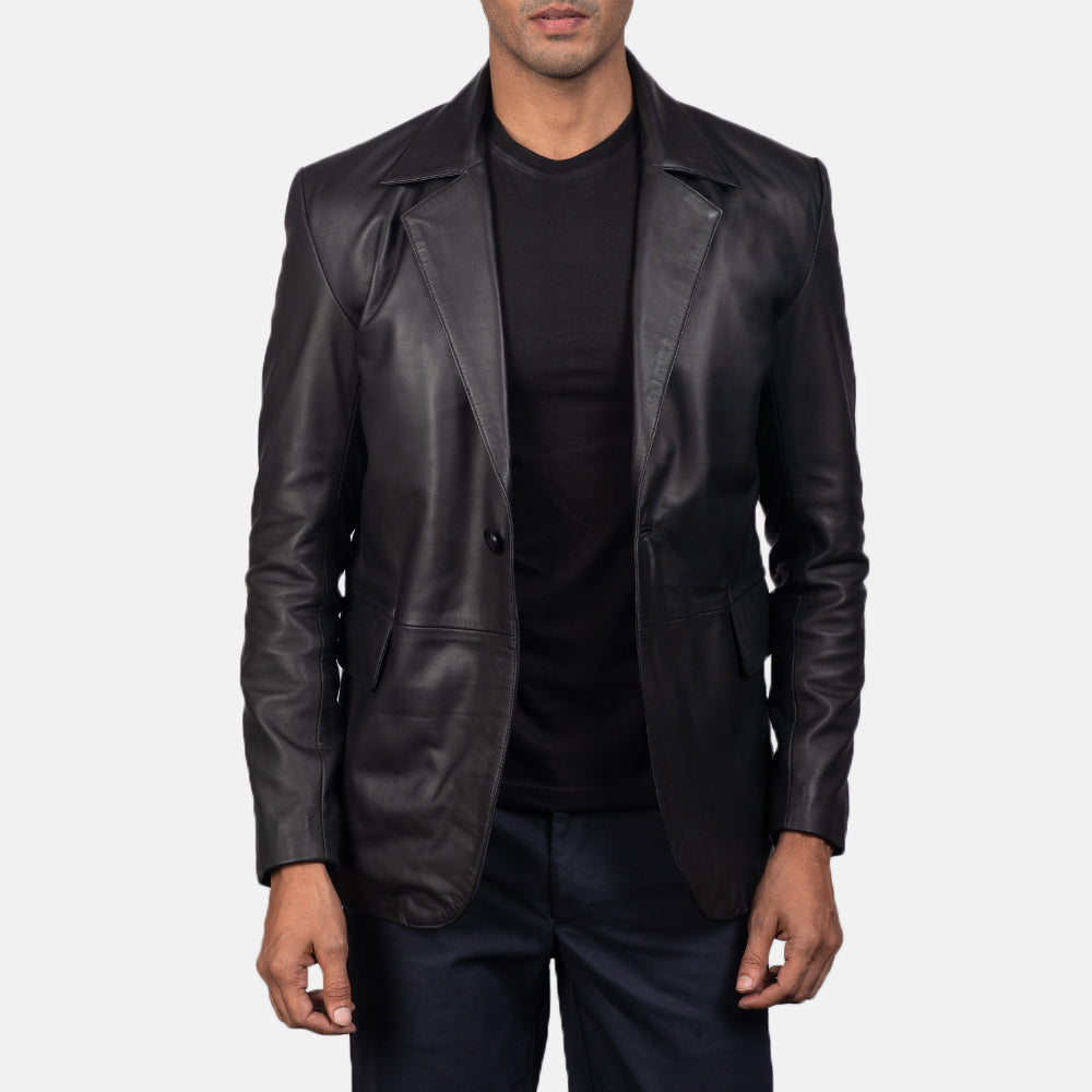 
Close-Up Detail of Notch & Button Hardware on Men's Daron Black Leather Blazer